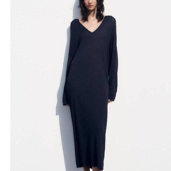 Zara navy v-neck shift flowy sheer midi knit dress size s - Picture 1 of 6
